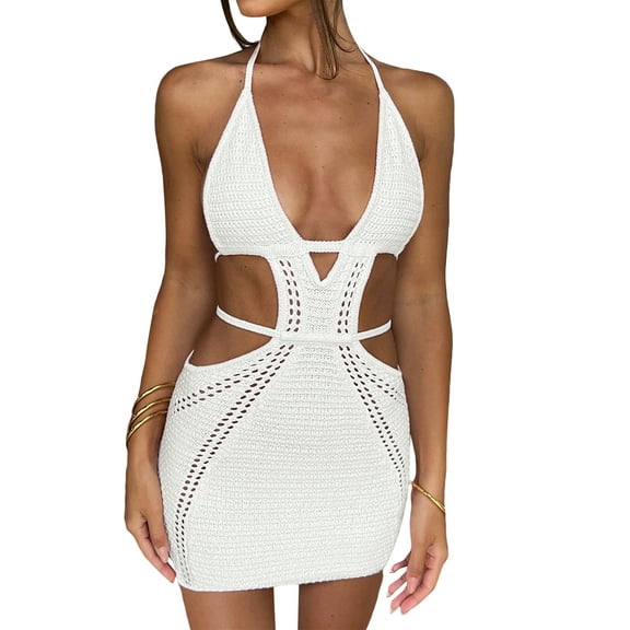 Women's Halter Bodycon Mini Dress, Sleeveless Tie Backless Hollow Out Knit Beach Dress