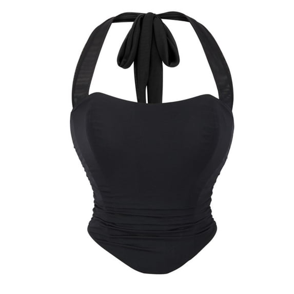Women's Halter Bodysuit Solid Color Ruched Bodysuit Tie Back Shapewear for Going Out Party S