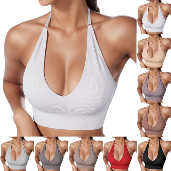 Women's Halter Bra Top Yoga Bralette Crop Tanks Workout Sports Bras Deep V Neck with Adjustable Spaghetti Strap Seamless Padded
