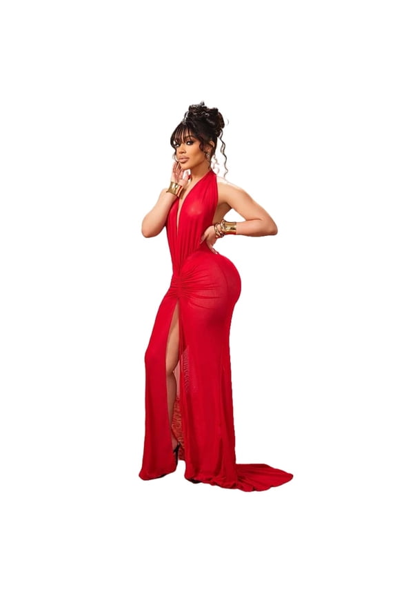 Women's Halter Chest Wrapped Deep V-Neck Sleeveless Backless Pleated Hips Wrapped Split Long Dress, Solid Color, Sexy