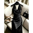 thumbnail image 1 of Women's Halter Cowl Neck Satin Maxi Dress, Solid Black Ruched Elegant Formal Party Dress, 1 of 6