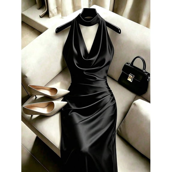 Women's Halter Cowl Neck Satin Maxi Dress, Solid Black Ruched Elegant Formal Party Dress