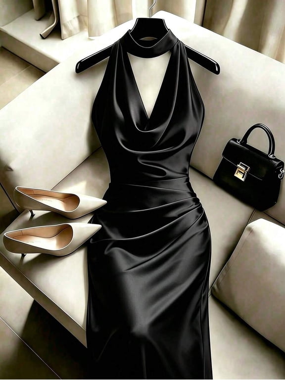 Women's Halter Cowl Neck Satin Maxi Dress, Solid Black Ruched Elegant Formal Party Dress