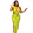 thumbnail image 1 of Women's Halter Deep V-Neck Chest Wrapped Sleeveless Backless Pleated Split Ribbons Bandage Dress, Solid Color, Sexy, 1 of 20