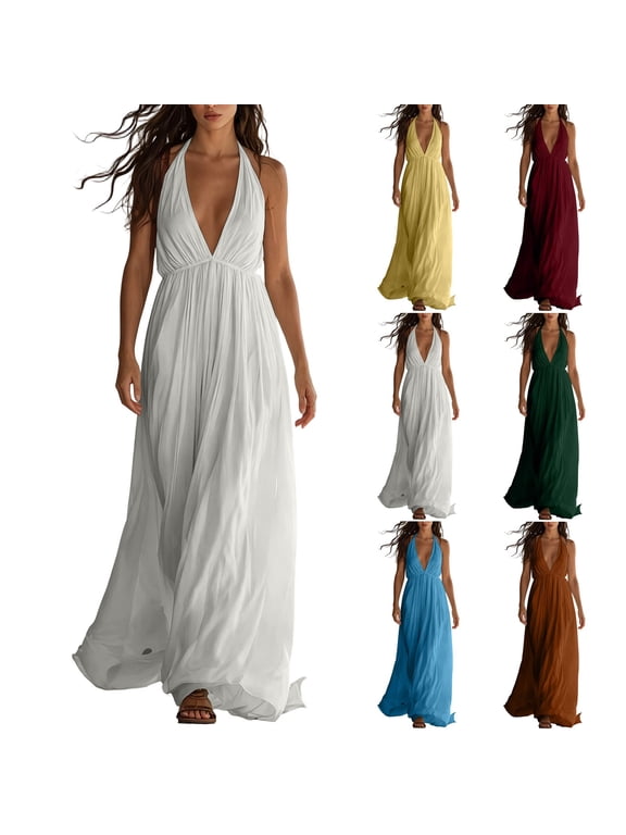 Women's Halter Deep V Sleeveless Maxi Dress Empire Waist Flowy Swing Sundress Pleated Backless Beach Vacation Dress Yellow