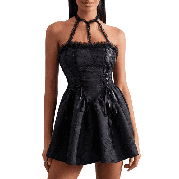 Women's Halter Dress Sleeveless Cross Tie-up Front Solid Color Lace Dress Gothic A-line Dress