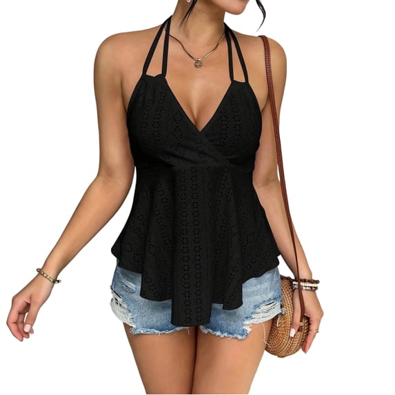 Women's Halter Hollow Out Tank Tops V Neck Tie Back Ruffled Hem Blouses Summer Casual Shirts, L