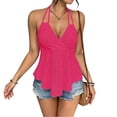thumbnail image 1 of Women's Halter Hollow Out Tank Tops V Neck Tie Back Ruffled Hem Blouses Summer Casual Shirts, XL, 1 of 5