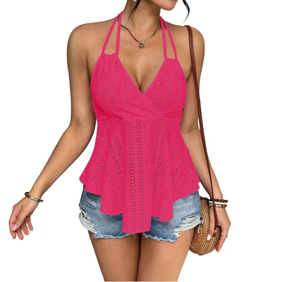 Women's Halter Hollow Out Tank Tops V Neck Tie Back Ruffled Hem Blouses Summer Casual Shirts, XL