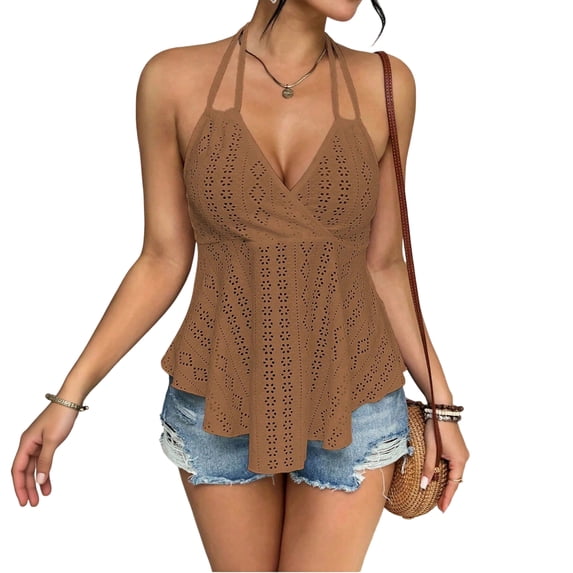 Women's Halter Hollow Out Tank Tops V Neck Tie Back Ruffled Hem Blouses Summer Casual Shirts, XS