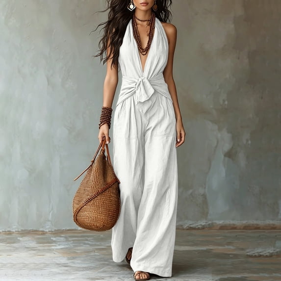 Women's Halter Jumpsuit, Sleeveless With Lace Waist Cincher, Wide Leg One-Piece For Elegant Summer & Party Look White Xs