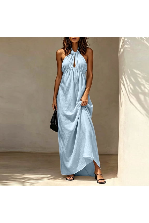 Women's Halter Keyhole Maxi Dress, Empire Waist Gathered Bust, Sleeveless Vacation Outfit, Summer Dress for Women Light Blue XS