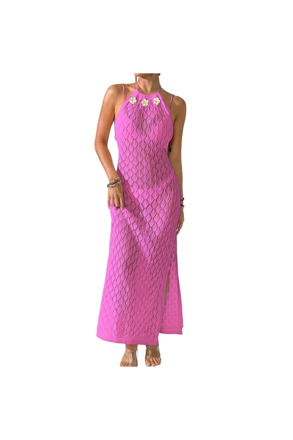 Women's Halter Long Beach Dress Crochet Slit Bikini Swimsuit Cover Up Swimwear for Beach Vacation
