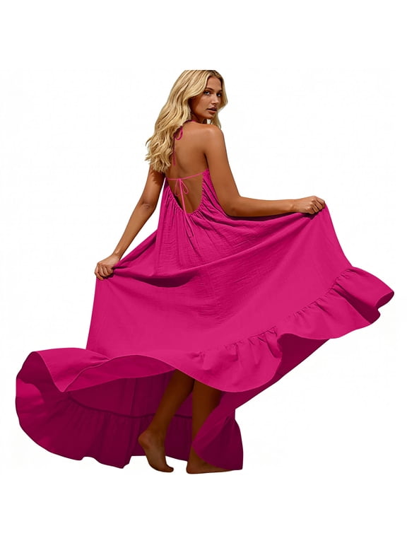 Women's Halter Maxi Dress Sleeveless Tie Backless Ruffled Swing Flowy Long Dresses Beach Vacation Clothes, Hot Pink M