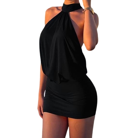 Women's Halter Mini Dress Y2k Backless Bodycon Club Night Cocktail Dresses Black XXL