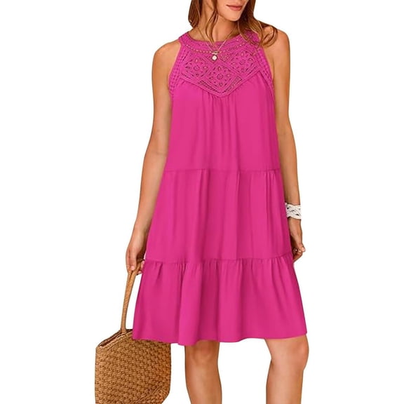 Women's Halter Neck A-Line Tiered Midi Sundress - Sleeveless Summer Casual Dress with Lace Hollow Out for Beach Vacation