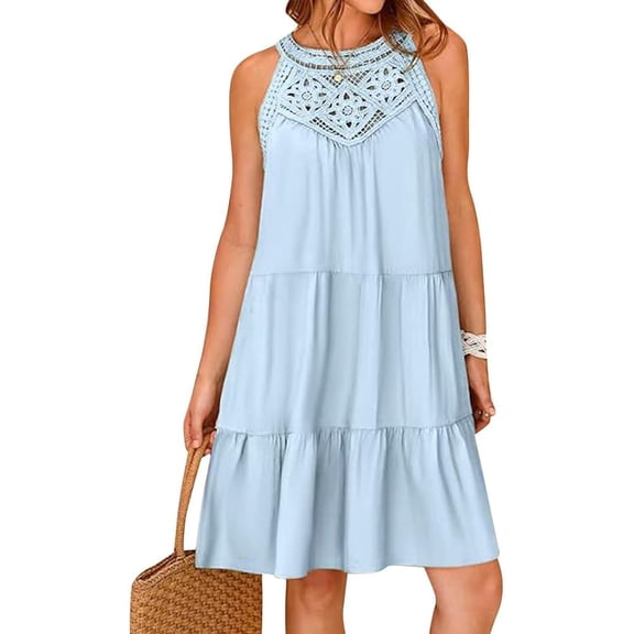 Women's Halter Neck A-Line Tiered Midi Sundress - Sleeveless Summer Casual Dress with Lace Hollow Out for Beach Vacation
