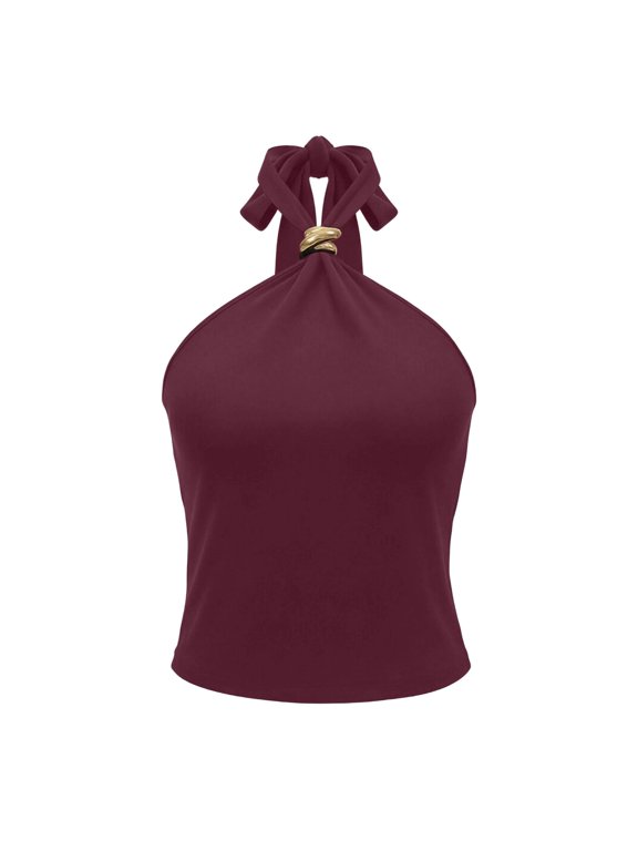 Women's Halter Neck Backless Camisole Top Metal Ring Detail Sleeveless Summer Slim Fit Casual Tank Top