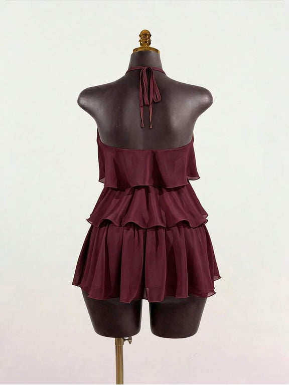 Women's Halter Neck Backless Tiered Mini Dress with Ruffle Hem, Slimming Loose Short Dress for Elegant Occasions
