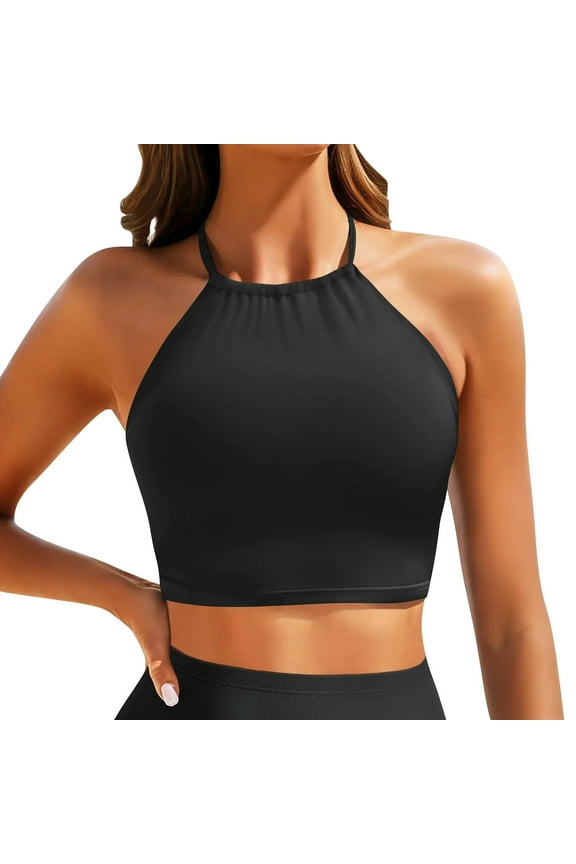 Women's Halter Neck Bikini Top, Swimsuit Bathing Suit with High Neck Design, Quick-Dry Yoga and Casual Top as a Sexy Sports Bra, Perfect for Beach, Pool, Swimming, and Summer Fitness Activities Black