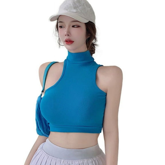 Women's Halter Neck Camisole, Sleeveless Top, High Neckr, Short , Solid Colou M Blue