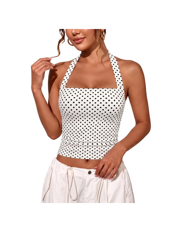 Women's Halter Neck Crop Top Tie Back Sleeveless Y2K Fitted Tank Top with Polka Dot Print Cute Summer Streetwear
