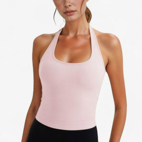 Women's Halter Neck Cropped Tank Top with Built-In Bra and Stretch Fabric for Workout or Casual Wear - Large, Pink