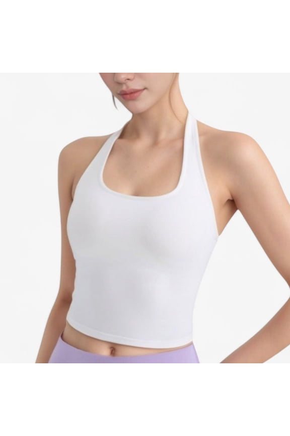 Women's Halter Neck Cropped Tank Top with Built-In Bra and Stretch Fabric for Workout or Casual Wear - Small, White