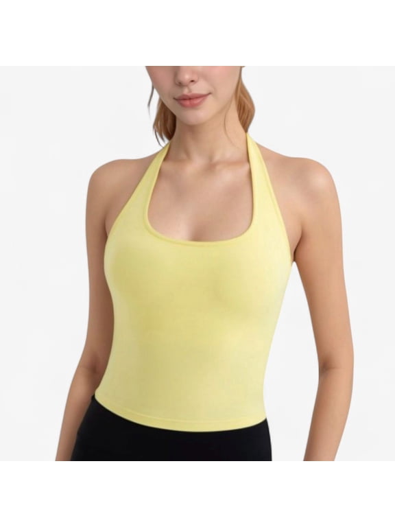 Women's Halter Neck Cropped Tank Top with Built-In Bra and Stretch Fabric for Workout or Casual Wear - Small, Yellow