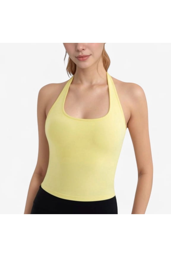 Women's Halter Neck Cropped Tank Top with Built-In Bra and Stretch Fabric for Workout or Casual Wear - Small, Yellow