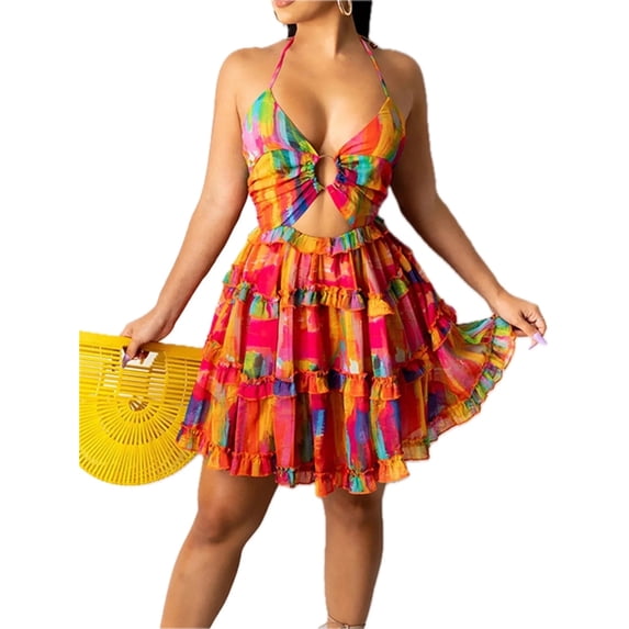 Women's Halter Neck Cutout Cami Dress with Ruffled Tiered Fit in 100% Polyester for Plus Size Versatile Easy Care
