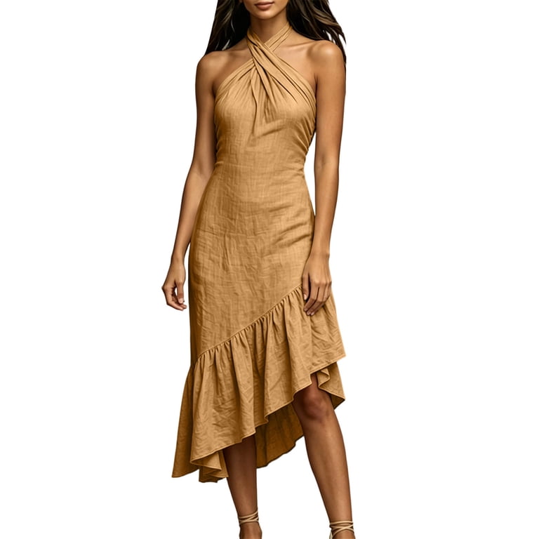 halter neck ruched midi dress Women's Textured Halter Neck Ruched Midi Dress with Tie Closure