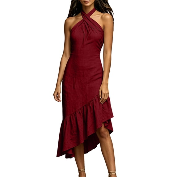 Women's Halter Neck Dresses Dress Ruched Ruffle Hem Asymmetrical Midi Dress Lightweight Formal Cocktail Party Sundress Wine L