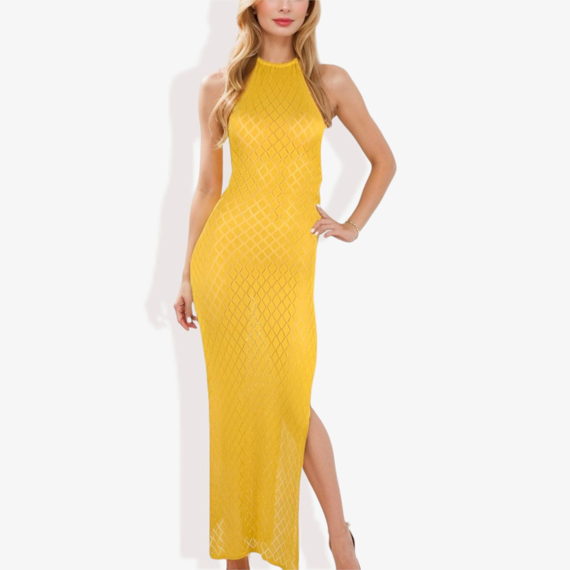 Women's Halter Neck Fishnet Maxi Dress With Side Slits- Large, Yellow -  Walmart.com