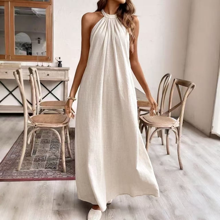 boho halter neck maxi dress Women's Gathered Linen Blend Casual Style Lightweight Breathable Summer Dress Color:Lavender Mesh and resort wear Why All Sets Square Neck Poplin Dress
