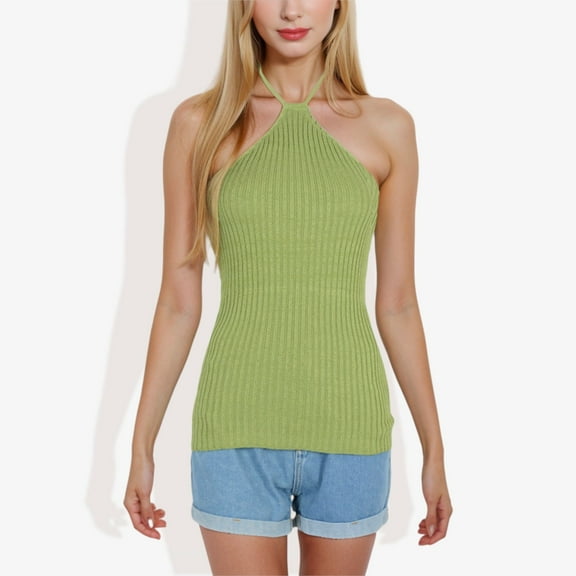 Women's Halter Neck Knit Tank Top with Ribbed Design and Stretchy Fit for Casual Summer Wear- Medium, Green