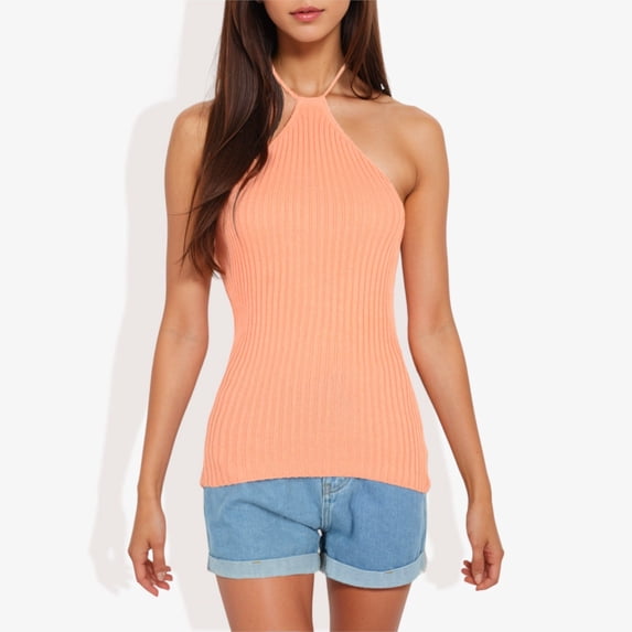 Women's Halter Neck Knit Tank Top with Ribbed Design and Stretchy Fit for Casual Summer Wear- Small, Orange