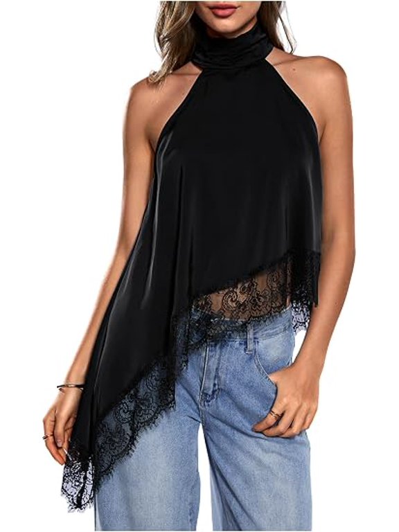 Women's Halter Neck Lace Tank Top, Asymmetrical Hem Sleeveless Flowy Cami Top, Flirty Date Night Club Outfit for Summer Fall, for Country Concert Going Out