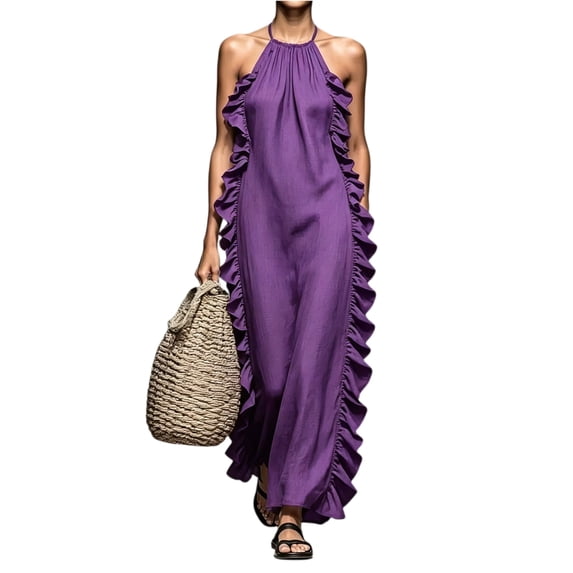 Women's Halter Neck Maxi Dress, Sexy Open Back Ruffle Beach Sundress, Boho Long Flowy Vacation Dress, Elegant Sleeveless Swing Gown for Pool Party, S-2XL