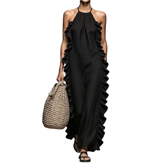 Women's Halter Neck Maxi Dress, Sexy Open Back Ruffle Beach Sundress, Boho Long Flowy Vacation Dress, Elegant Sleeveless Swing Gown for Pool Party, S-2XL