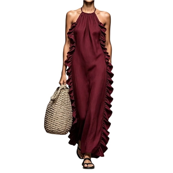 Women's Halter Neck Maxi Dress, Sexy Open Back Ruffle Beach Sundress, Boho Long Flowy Vacation Dress, Elegant Sleeveless Swing Gown for Pool Party, S-2XL