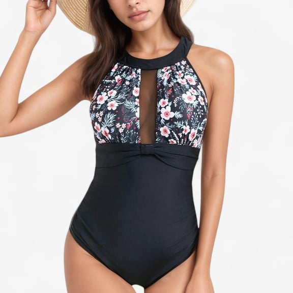Women's Halter Neck One Piece Swimsuit with Keyhole Front Detail and Floral Patterned Bodice - Large, White