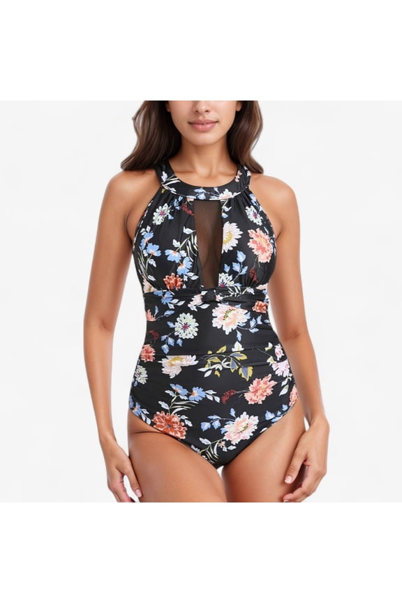 Women's Halter Neck One Piece Swimsuit with Keyhole Front Detail and Floral Patterned Bodice - Medium, Black