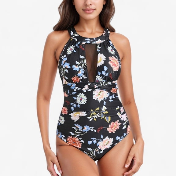 Women's Halter Neck One Piece Swimsuit with Keyhole Front Detail and Floral Patterned Bodice - Small, Black