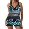 thumbnail image 1 of Fewfanhot Women's Halter Neck Padded Bikini Tankini Set, Ruffled Print & Black Swim Shorts, Modest Two Piece Tummy Control Bathing Swimsuit Plus Size, 1 of 6