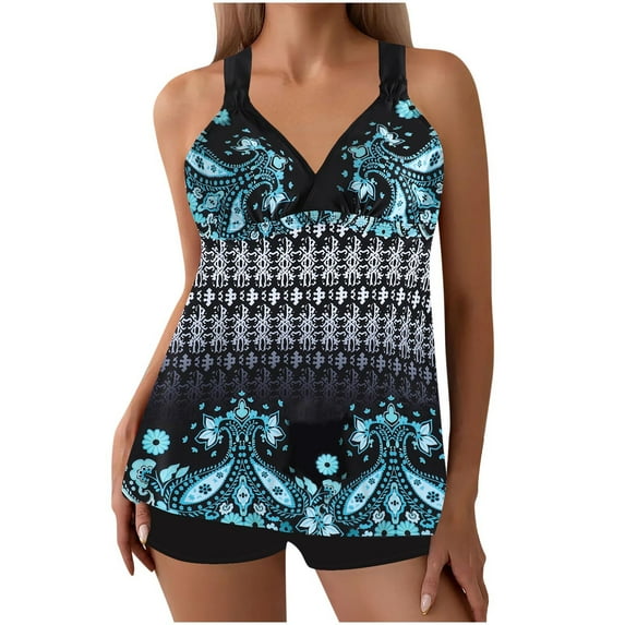 Fewfanhot Women's Halter Neck Padded Bikini Tankini Set, Ruffled Print & Black Swim Shorts, Modest Two Piece Tummy Control Bathing Swimsuit Plus Size
