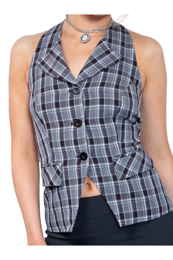 Women's V-Neck Collared Plaid Halter Sleeveless Vest Top Black and White XS