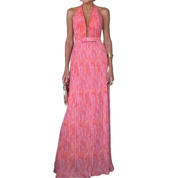 Women's Halter Neck Pleated Maxi Dress Belted Backless Silhouette 100% Polyester Imported for Elegant Summer Wear