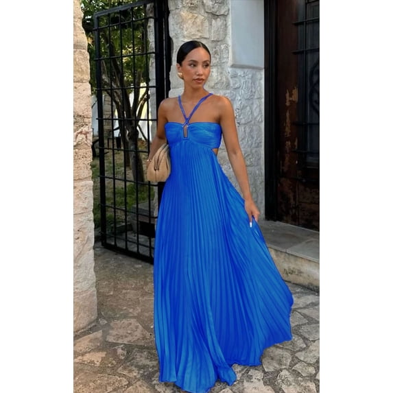 Women's Halter Neck Pleated Maxi Dress, Sleeveless Cutout Summer Flowy Long Dress