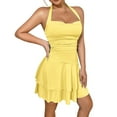 thumbnail image 1 of Women’s Halter Neck Ruched Fit and Flare Mini Dress Sleeveless Ruffle Hem Graduation Dress, 1 of 4